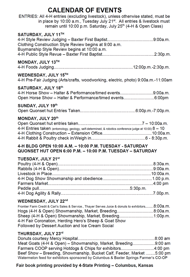 calendar of events